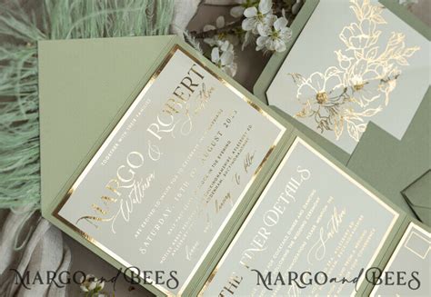 Fold Luxury Sage Green Mirror Gold Wedding Invitations Wedding