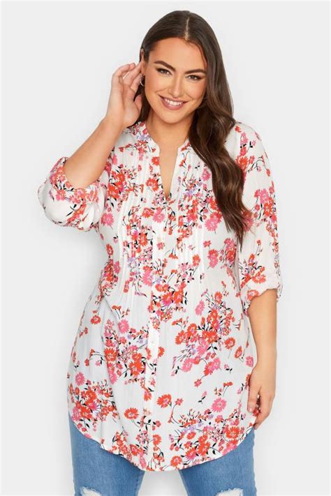 Plus Size White And Pink Floral Print Pintuck Shirt Yours Clothing