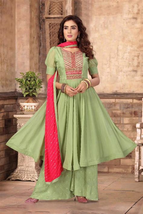 Pista Color Party Wear Plazo Suit With Dupatta Anokhi Fashion