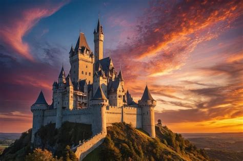 El Castillo De Cuentos De Hadas Contra El Colorido Cielo Al Atardecer