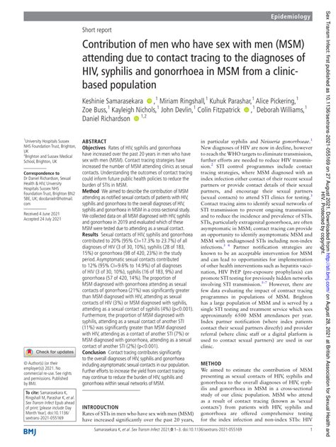 Pdf Contribution Of Men Who Have Sex With Men Msm Attending Due To Contact Tracing To The