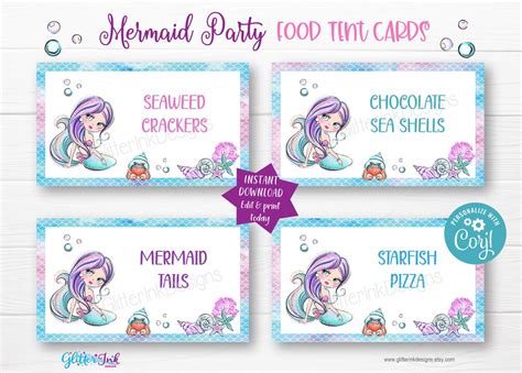 Mermaid Party Printable Food Tent Cards Mermaid Food Labels Name Tags And Foldable Cards