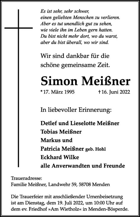 Traueranzeigen Von Simon Mei Ner Trauer In Nrw De