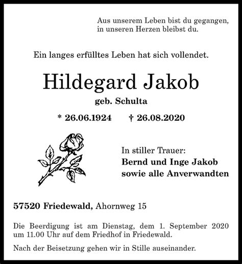 Traueranzeigen Von Hildegard Jakob Rz Trauer De