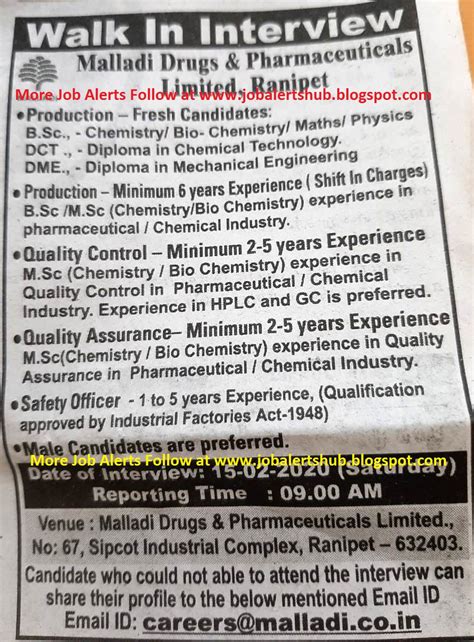 Malladi Drugs Walk In Interviews For Freshers Experience