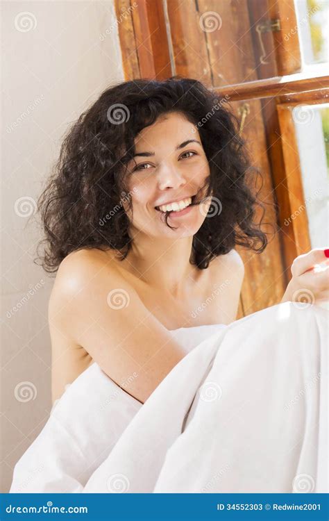 Smiling Woman Under Blanket Bite Hair Perm Stock Image Image Of City