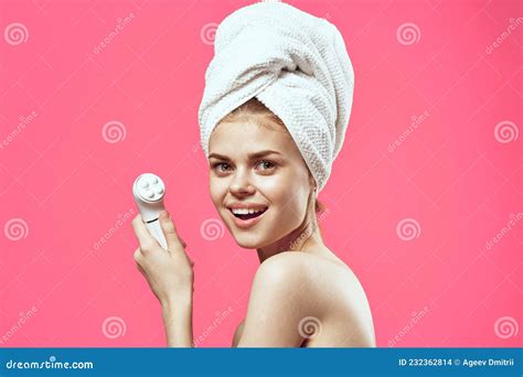 Woman With Towel On Head Naked Shoulders Massager Dermatology Spa