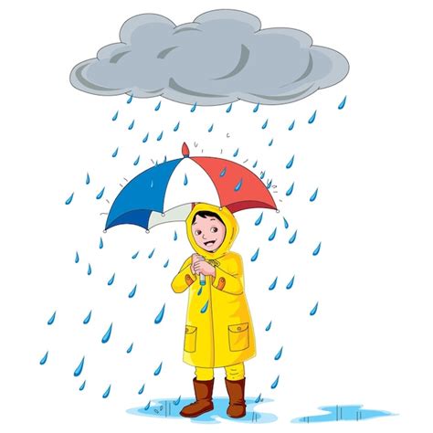 Niño sosteniendo un paraguas y de pie bajo la lluvia Vector Premium