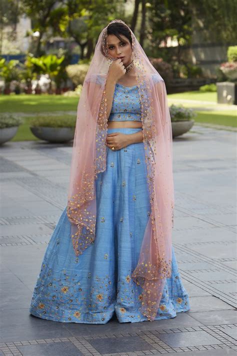 Powder Blue Raw Silk Embroidered Lehenga Priti Sahni