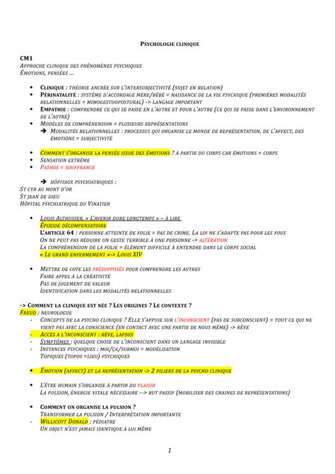 Psychologie Clinique Notes De Cours CM L1S1 PSYCHOLOGIE CLINIQUE