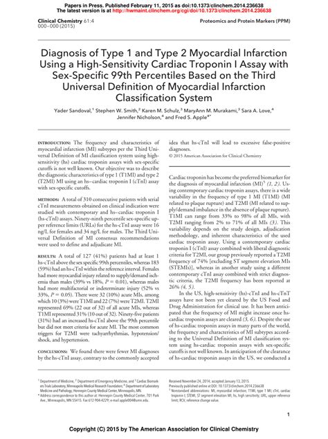 Pdf Diagnosis Of Type 1 And Type 2 Myocardial Infarction Using A High