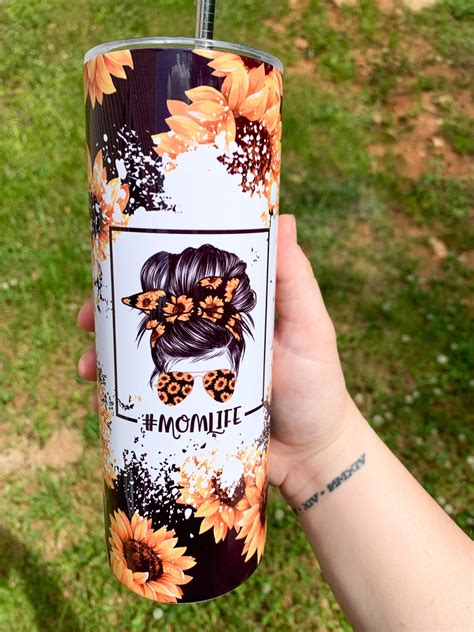 Sunflower Mom Life Messy Bun Skinny Tumbler Sunflower Etsy