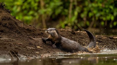 otter on riverbank, otter in natural habitat, wildlife photography, river otter climbing ...