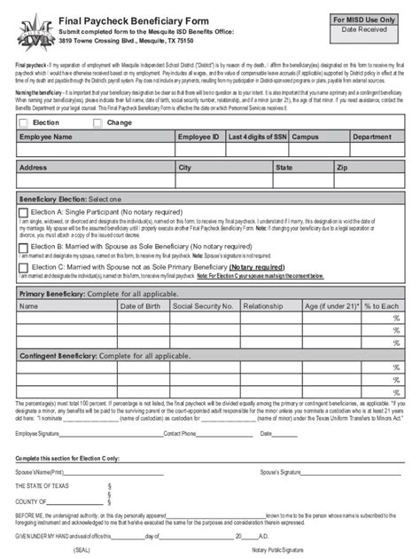 Fillable Online Final Paycheck Beneficiary Form Fax Email Print Pdffiller