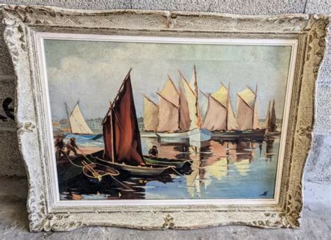 TABLEAU ANCIEN HUILE sur toile Marine Port Bretagne Voiliers Pêcheurs