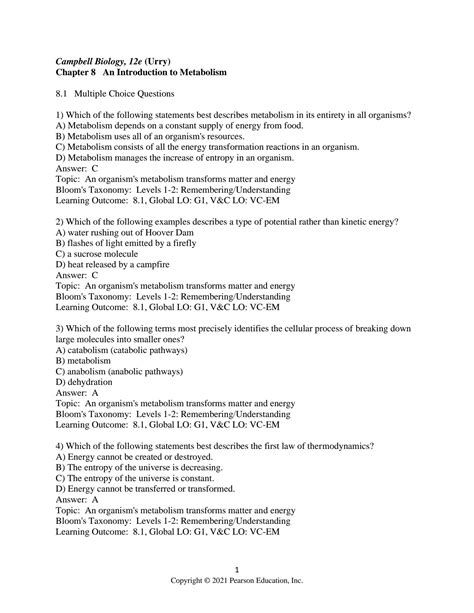 SOLUTION Test Bank Campbell Biology 12e Urry Chapter 8 An