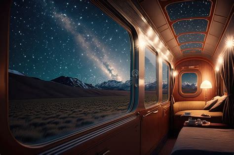 Luxury Train With View Of The Night Sky Stars Shining Brightly Stock