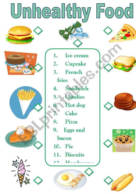 Unhealthy Food Bandw Version Esl Worksheet By Ju Madeiro