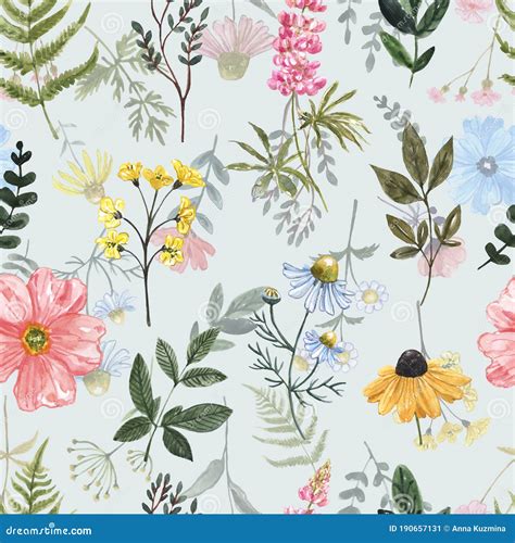 Watercolor Small Wildflowers Seamless Pattern Summer Flowers Grass