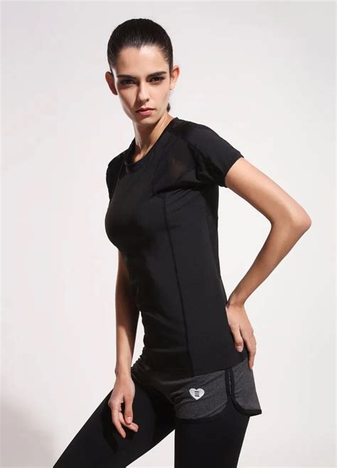 Women Black Short Sleeve Elastic Yoga Mesh Sports T Shirt Fitness Womens Gym Running Black Tops