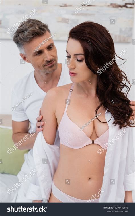 Man Touching Sensual Wife Lingerie Shirt Stock Photo 2208442871