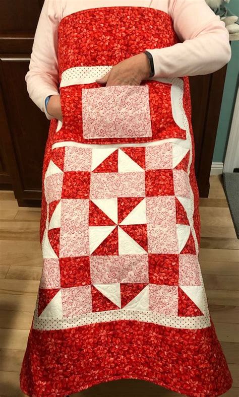 Red And White Lovie Lap Quilt With Pockets From