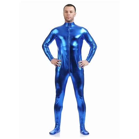 Blue Shiny Metallic Lycra Catsuit Zentai Wet Look Bodysuit Unitard