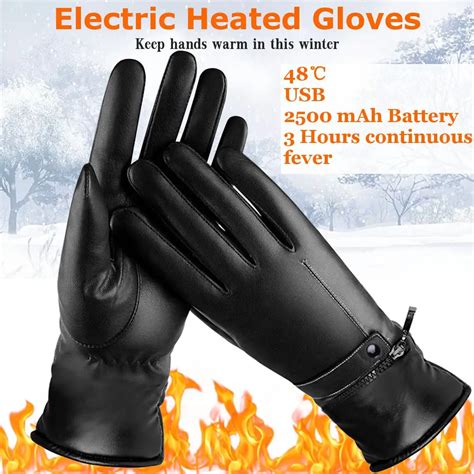 2500mAh Battery Electric Heated Hand Winter Warm Gloves Black Waterproof Leather Skiing Gloves ...