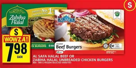 Al Safa Halal Beef Or Zabiha Halal Unbreaded Chicken Burgers Offer At