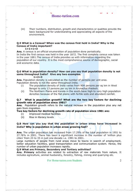 Important Questions For Cbse Class Sst Geography Chapter Population