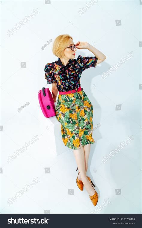 Stylish Blonde Woman Short Haircut Skirt Stock Photo