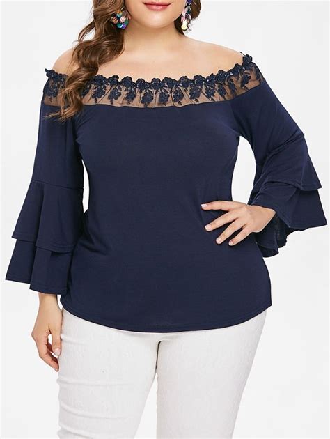 Plus Size Mesh Applique Off Shoulder Blouse Plus Size Outfits