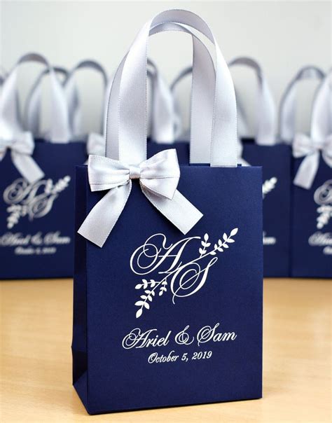 Navy Blue Silver Wedding Welcome Bags With Satin Ribbon Handles