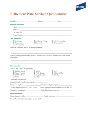 Fillable Online Retirement Plans Services Questionnaire Baird Fax