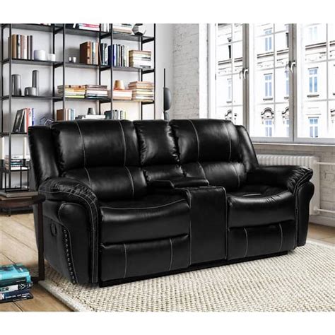 Pinksvdas 77 In Black Faux Leather 2 Seat Reclining Loveseat With Cup