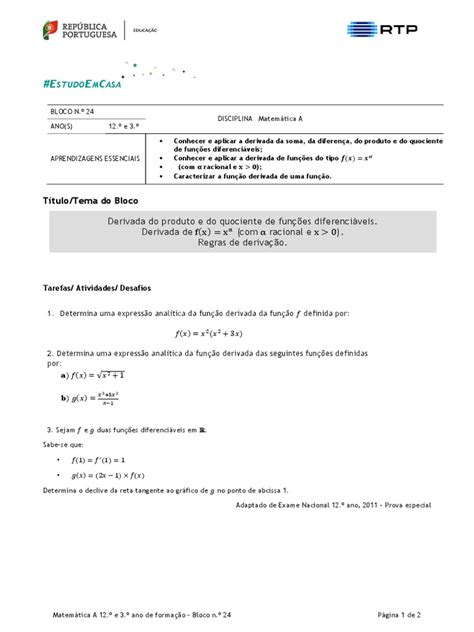 24 Matemática A 12 º Ano Derivada Do Produto E Do Quociente De