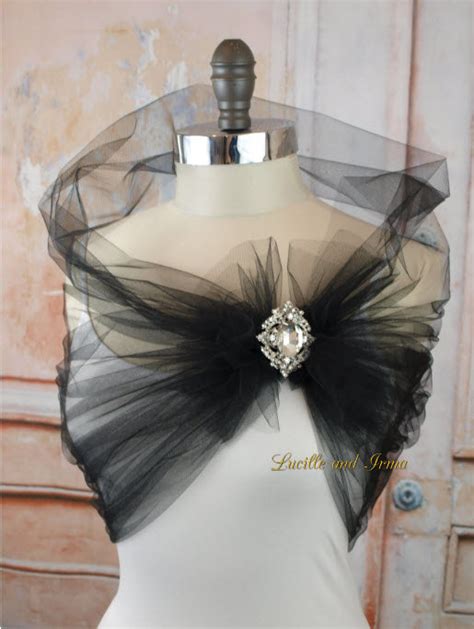 Stunning Black Tulle Shoulder Wrap With Rhinestone Brooch Beautiful