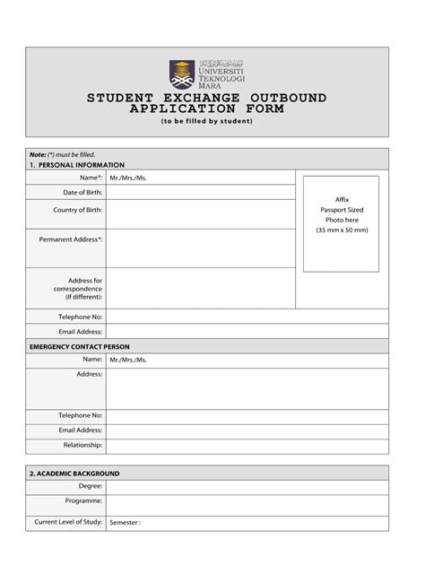 Fillable Online Oia Uitm Edu Student Exchange Outbound Application Form