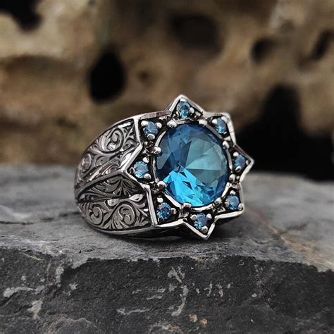 Turkey Seal Hand Engraved Pattern Ring Vintage Metal Inlay Blue Ston