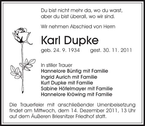 Traueranzeigen Von Karl Dupke Trauer Anzeigen De