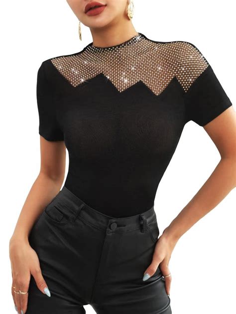 WDIRARA Women S Mesh Rhinestone Mock Neck Short Sleeve Tee Top Slim T