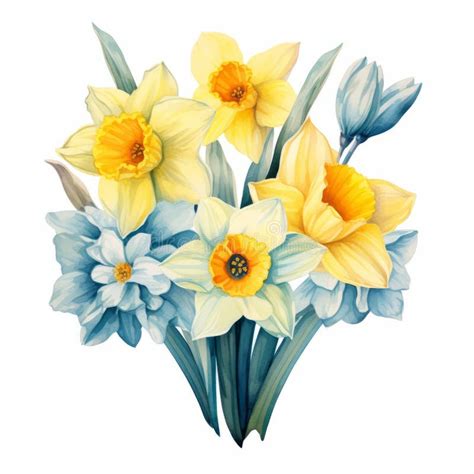 Realistic Watercolor Daffodil Bouquet Clipart In Ocean Blue Hues Stock