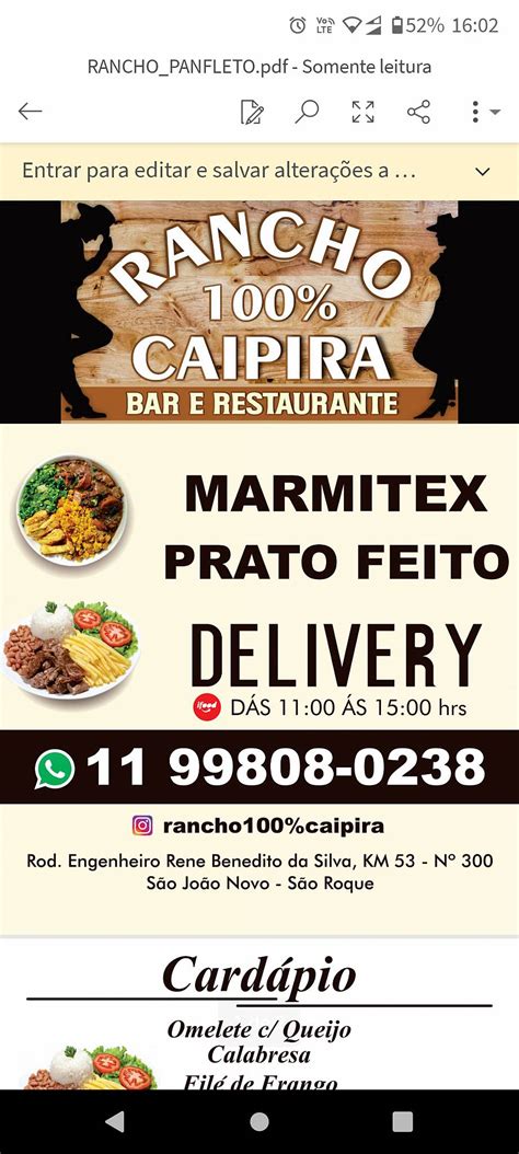 Menu em Rancho 100 Caipira pub Bar São João Novo