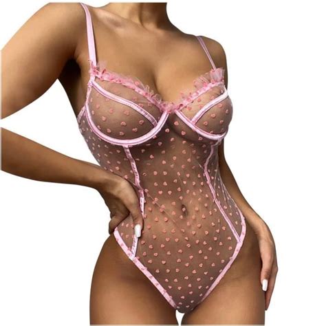 OU lingerie femme Sexy Vêtements de Nuit Sous Vêtements Intimes Dentelle Une Pièce Z Rose
