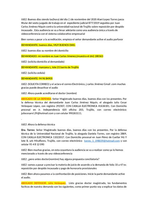 Modelo De Audiencia Laboral Apuntes De Derecho Laboral Docsity