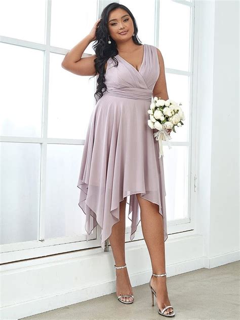 Plus Size Double V Neck Ruched Waist Midi Chiffon Bridesmaid Dress