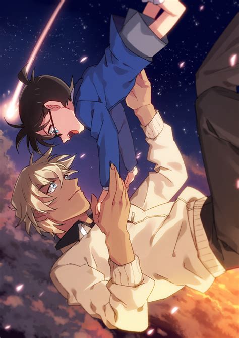 Safebooru 2boys Amuro Tooru Bangs Black Framed Eyewear Black Pants Blazer Blonde Hair Blue