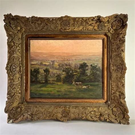 TABLEAU HUILE PAYSAGE aux vaches ciel crépuscule signé Félix Planquette