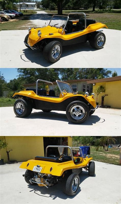 Three Different Views Of A Yellow And Black Dune Buggy Parked In Front