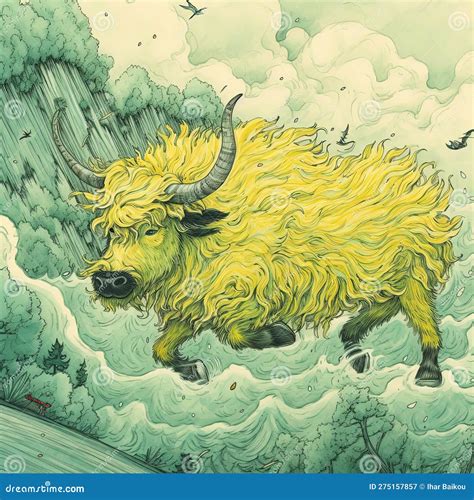 Furry Yellow Bison In The Field Stock Illustration Illustration Of